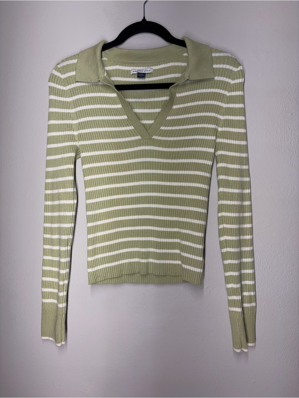 American Eagle Outfitters Striped Collared V-Neck Sweater — Light Green & White